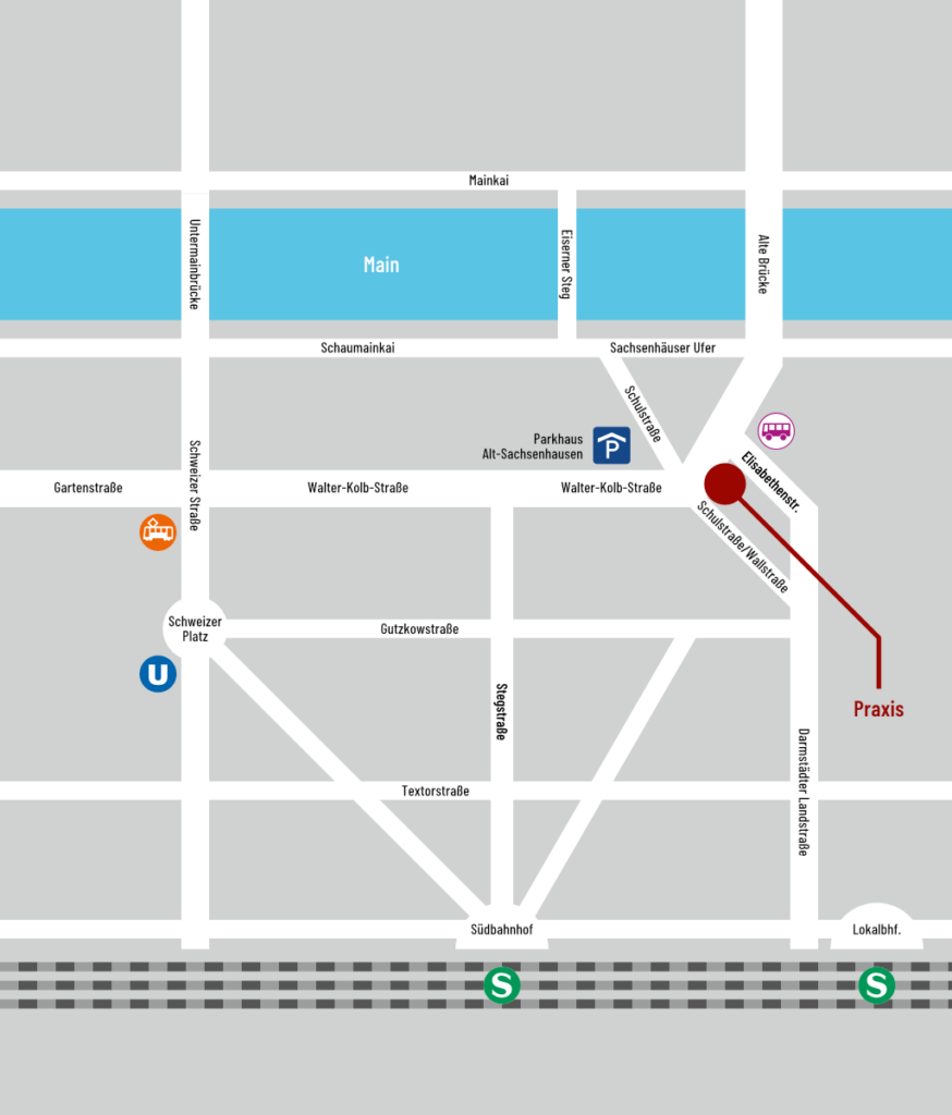 Vereinfachte Kartendarstellung zeigt die Lage der Praxis, die wichtigsten Straßen im Umfeld und nahe ÖPNV-Haltestellen